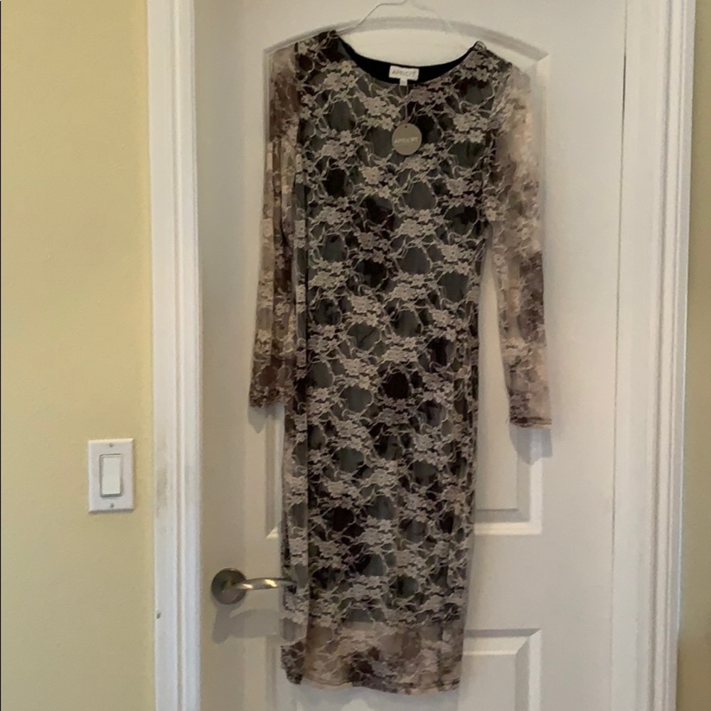 Lace midi dress, cream, black and brown lace